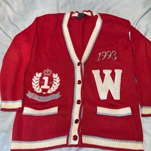 SK Wear Red Varsity Style letterman Cardigan silver White trim v neck small rami